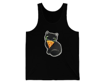 Pizza Cat Unisex Jersey Tank Kalleidoscape Black and Yellow Big Eye Cat, White or Black Tank Top