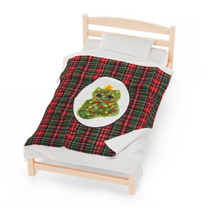 Cat Lover Gift, Christmas Tree Cat Velveteen Plush Blanket Red and Green Plaid