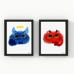 Angel Cat and Devil Cat Set of 2 Art Prints, INSTANT DOWNLOAD Art Printable, Mother&#39;s Day Cat Lover Gift