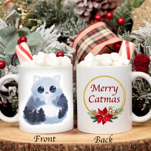Cat Lover Gift, Blue Snow Forest Cat Ceramic Mug 11oz Merry Catmas, one mug
