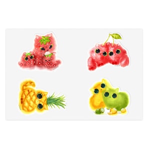 Fruit Cats Small Sticker Sheet Set of Four on 6"x4" sheet, each sticker approx. 2"x2"