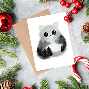DIGITAL Gray Snow Forest Cat Happy Holidays, Merry Christmas, & Happy Winter Solstice, 5x7 Instant Download, Printable Card jpeg file