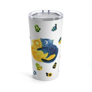 Cat Lover Gift, Sun and Moon Cat Tumbler 20oz Kalleiodscape Watercolor Cats All-Over Design Blue and Yellow