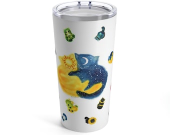 Sun and Moon Cat Tumbler 20oz Kalleiodscape Watercolor Cats All-Over Design Blue and Yellow