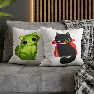 Dracula and Frankenkitty Cats Square Pillow with Insert Kalleidoscape Design Halloween Decorative Pillow Cat Decor Double-Sided Print