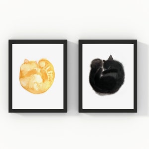 Cat Lover Gift, Curled Up Cream Cat and Black Cat Print Set of 2, Instant Download Art Printable, Cat Lover Wall Art Gift Decor