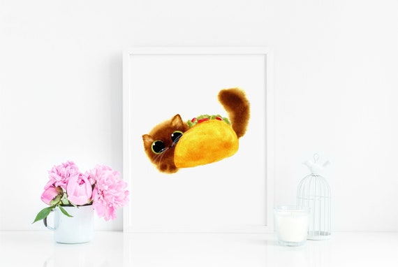 Cat Lover Gift, Taco Cat Art Print, Instant Download Art Printable, Brown Cat Taco Illustration