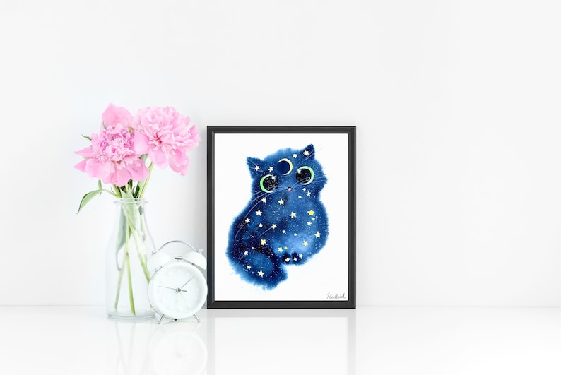 Moon and Stars Cat Art Print, INSTANT DOWNLOAD Art Printable, Cat Lover Gift Decor image 2