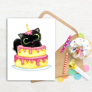 Cadeau pour amoureux des chats, gâteau d'anniversaire numérique carte de voeux avec surprise chat noir, téléchargement immédiat 5 x 7, fichier jpeg carte imprimable