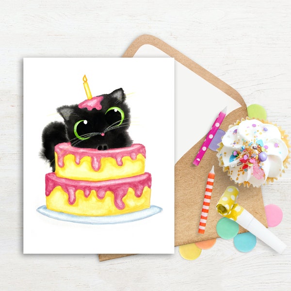 DIGITAL Greeting Card Birthday Cake with Black Cat Surprise, 5x7 Instant Download, Printable Card jpeg file