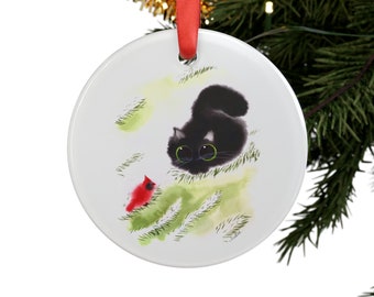 Winter Cat Acrylic Ornament with Ribbon