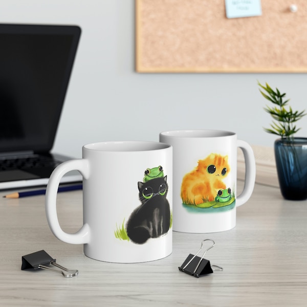 Frog Friend Cats by Kalleid Ceramic Mug 11oz, double-sided design Kalleidoscape Orange and Black Cats with Frog on both sides of the mug