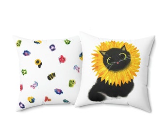 Sonnenblume Katze Quadratisches Kissen mit Einsatz, doppelseitiger Druck. Kalleidoscapedesign Katze Gelbes Akzent Kissen, Sofa Kissen Wohnzimmer Dekor