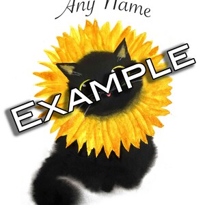 Personalized Sunflower Cat Physical Print Watercolor Painting Yellow & Black Art