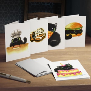 Cartes de voeux multi-designs Foodie Cats (paquet de 5) 5 enveloppes Kalleidoscape Design Délicieux chats aquarelles en cadeau, cartes à offrir à tout moment