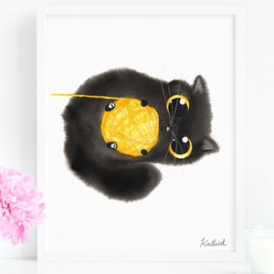 Black Cat with Yarn Ball Art Print, INSTANT DOWNLOAD Art Printable, Cat Lover Yarn Gift Decor