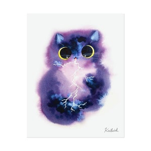 Aquarelle personnalisée avec impression physique de chat orageux, art bleu et violet