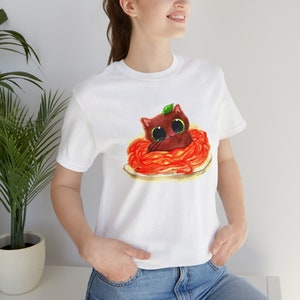 Presente para amantes de gatos, camiseta de manga curta com estampa de gato e almôndega espaguete Kalleidoscape Design, camisa branca, laranja e marrom