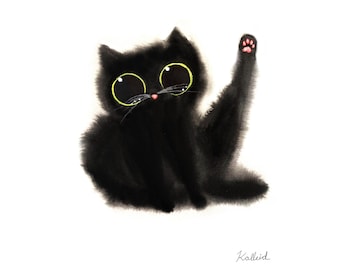 Soot the Garden Cat – Utskrivbar väggkonst i akvarell, svart | Dream Kitties trädgårdskollektion