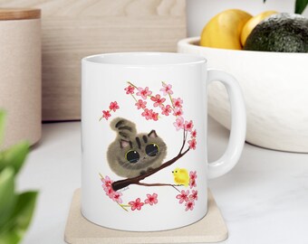 Spring Season Cat by Kalleid Ceramic Mug 11oz Pink and Yellow