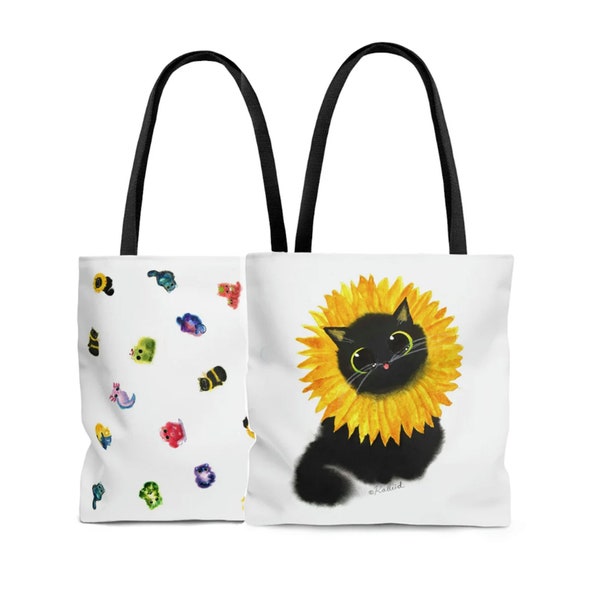 Sunflower Cat Tote Bag, Two-Sided Print! Three Sizes, Can Be Personalized With Name!