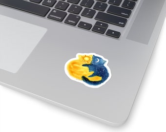 Cat Lover Gift, Sun and Moon Cats Kiss-Cut Sticker Kalleidoscape Design Watercolor Art Blue and Gold
