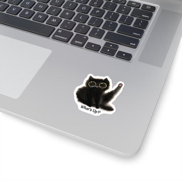 What's Up? Cat Kiss-Cut Sticker Kalleidoscape Design Watercolor Art Black Cat with leg up Cat Sticker