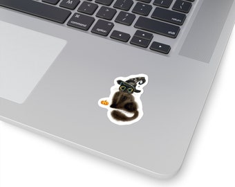 Cat Lover Gift, Witch Cat Kiss-Cut Sticker Kalleidoscape Design Watercolor Art Spooky Halloween Black Cat Witch with Pumpkin