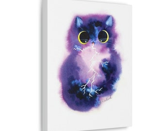 Thunderstorm Cat Canvas Gallery Wrap, Kalleidoscape Design Fluffy Cat Wall Art Home Decor