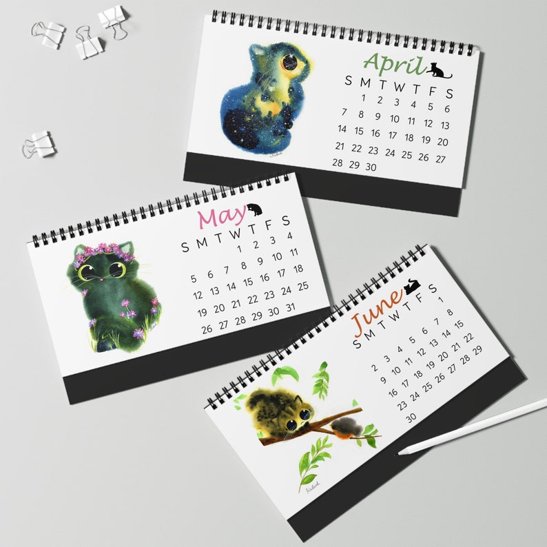 Fluffy Cats Desk Calendar 2024 Kalleidoscape Design Whimsical Watercolor Cats image 5