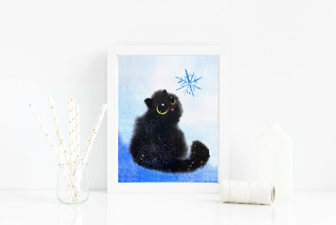 Winter Snowflake Black Cat Art Print, Instant Download Art Printable