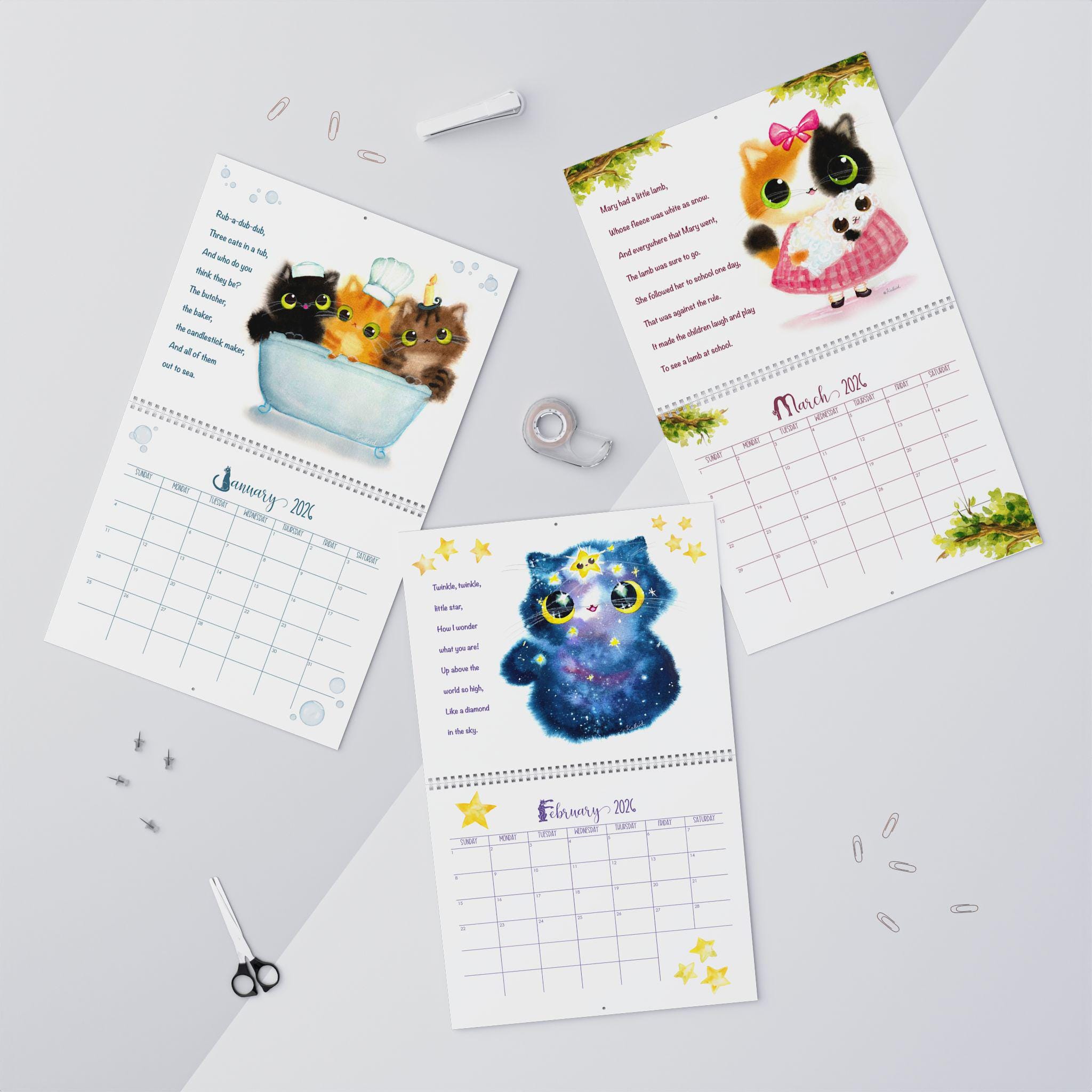 2026 Nursery Rhyme Cat Calendar Featuring Charming Wall Art for Kids ...