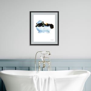 Personalized Bubblebath Bathtub Cat Physical Print Watercolor Painting Blue & Black Art