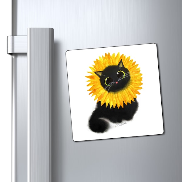 Sunflower Cat Magnets Kalleidoscape Design Three Sizes Black and Yellow