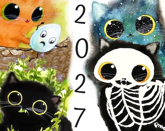 Calendario de escritorio de gatos 2027 – Regalos para amantes de los gatos durante todo el año. Diseño de pinturas en acuarela Kalleidoscape.