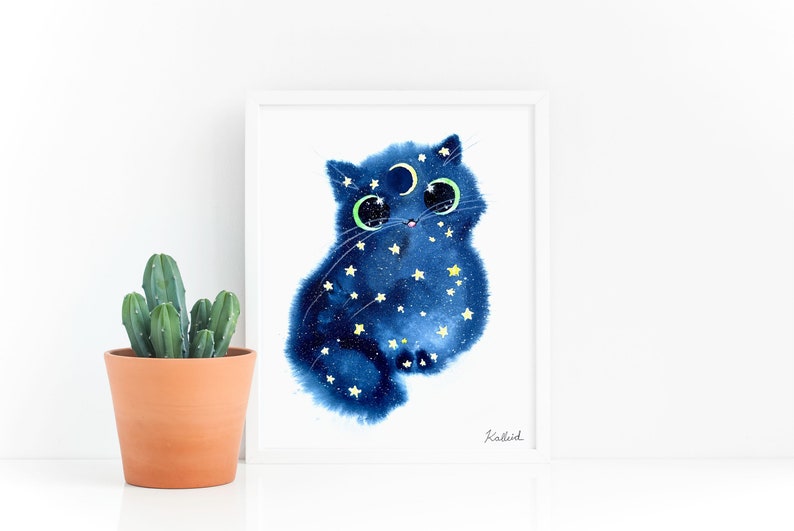 Moon and Stars Cat Art Print, INSTANT DOWNLOAD Art Printable, Cat Lover Gift Decor image 3
