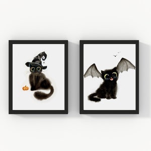 Halloween Witch Cat and Bat Cat Printable Wall Art Set of 2, Watercolor Printable Cat Art, Cat Lover Gift, Printable Home Decor