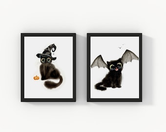 Halloween Witch Cat and Bat Cat Printable Wall Art Set of 2, Watercolor Printable Cat Art, Cat Lover Gift, Printable Home Decor