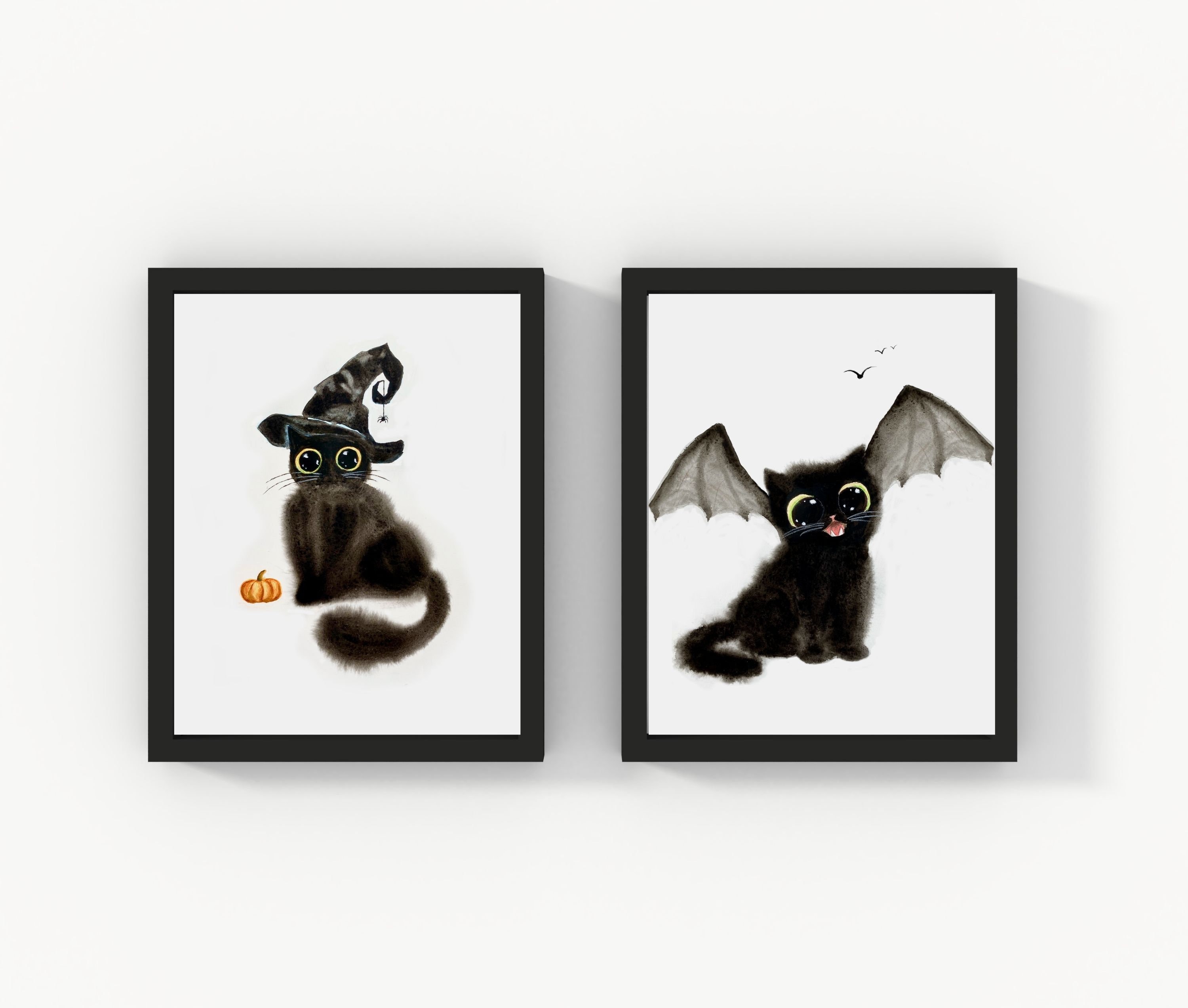 Halloween Witch Cat and Bat Cat Printable Wall Art Set of 2, Watercolor Printable Cat Art, Cat Lover Gift, Printable Home Decor