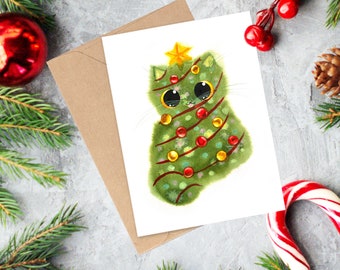 DIGITAL Happy Holidays, Merry Christmas Tree Cat, 5x7 Instant Download, Printable Card jpeg file