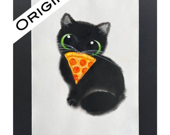 ORIGINAL Kalleidoscape Watercolor Painting, One-of-a-kind Artwork Pizza Cat