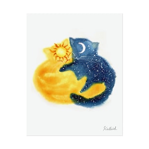 Cat Lover Gift, Personalized Sun and Moon Cat Physical Print Watercolor Painting Blue and Gold Art, Colorful Pet Portrait Wall Decor