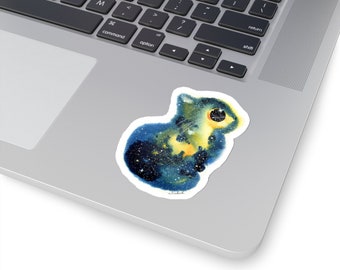 Cat Lover Gift, Gold & Blue Galaxy Cat Kiss-Cut Sticker Kalleidoscape Design Watercolor Art Emerald Green Cat Sticker
