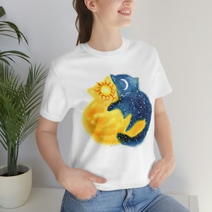 Cat Lover Gift, Sun & Moon Cat Unisex Jersey Short Sleeve Tee, Yellow and Blue Colors Mother&#39;s Day Gift