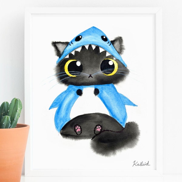 Shark Cat Costume Art Print, INSTANT DOWNLOAD Art Print, Cat Lover Decor