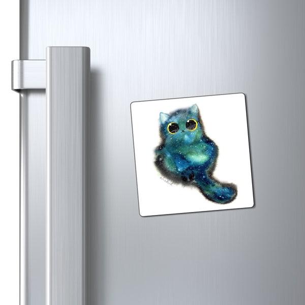 Teal Galaxy Cat Magnets Kalleidoscape Design Three Sizes 3x3, 4x4, 6x6"