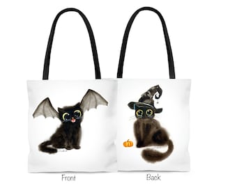Custom Name Bat & Witch Tote Bag, Two-Sided Print! Three Sizes Halloween Trick or Treat Candy Bag Watercolor Kalleidoscape Design Cat