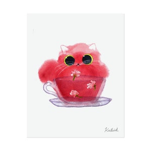 Watercolor Cat Art Print, Colorful Pet Portrait Wall Decor, Cat Lover Gift, Cherry Blossom Tea Cat Physical Print