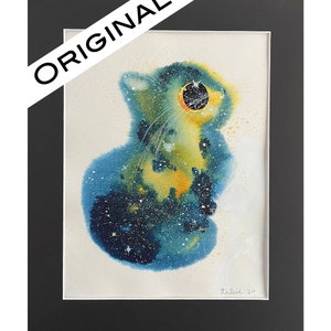 ORIGINAL Kalleidoscape Watercolor Cat Painting, One-of-a-kind Artwork Blue and Yellow Galaxy Cat