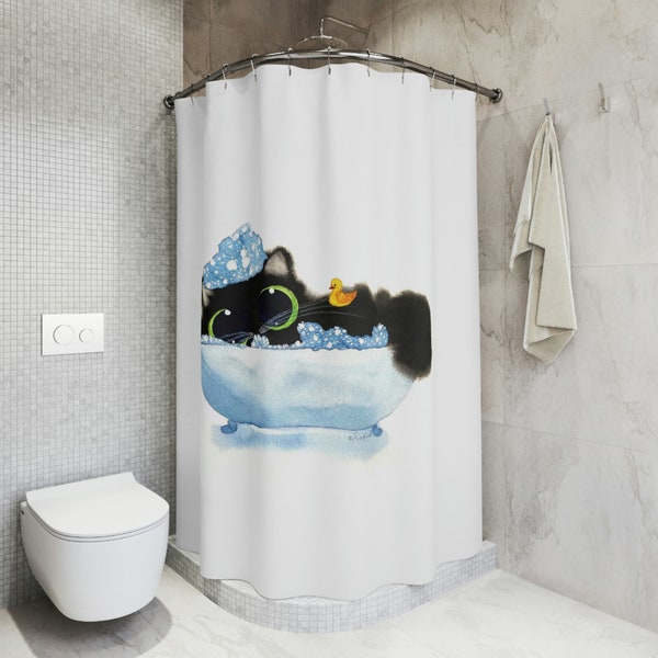 Bubblebath Black Cat Polyester Shower Curtain, Blue Bubbles with Yellow Duckie.